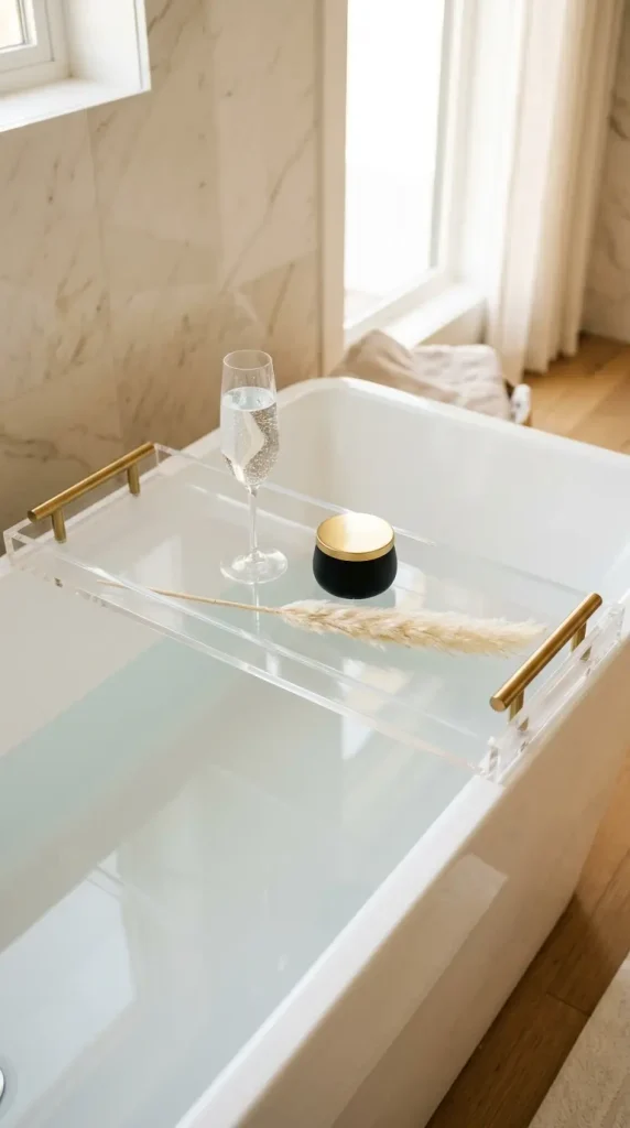 20 Bathtub Tray Clear Acrylic Modern Minimal Floating Look 2 2. Clear Acrylic Tray With Gold Handles and a Champagne Flute