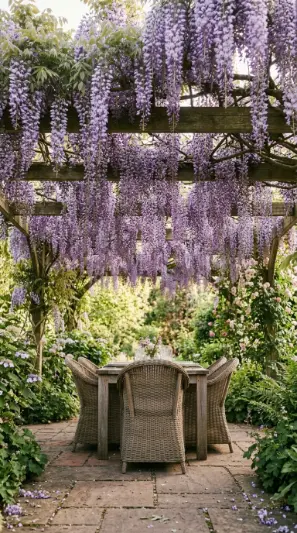 26 Outdoor Patio Ideas With a Cozy Pergola Dining Setup 2 2. Climbing Wisteria Over the Pergola Canopy