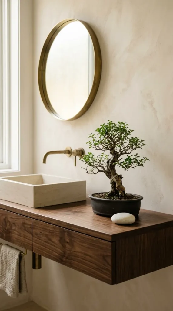 14 Minimal Bathroom Plants Decor Inspiration Small Space 2 2. Compact Bonsai on a Small Bathroom Vanity