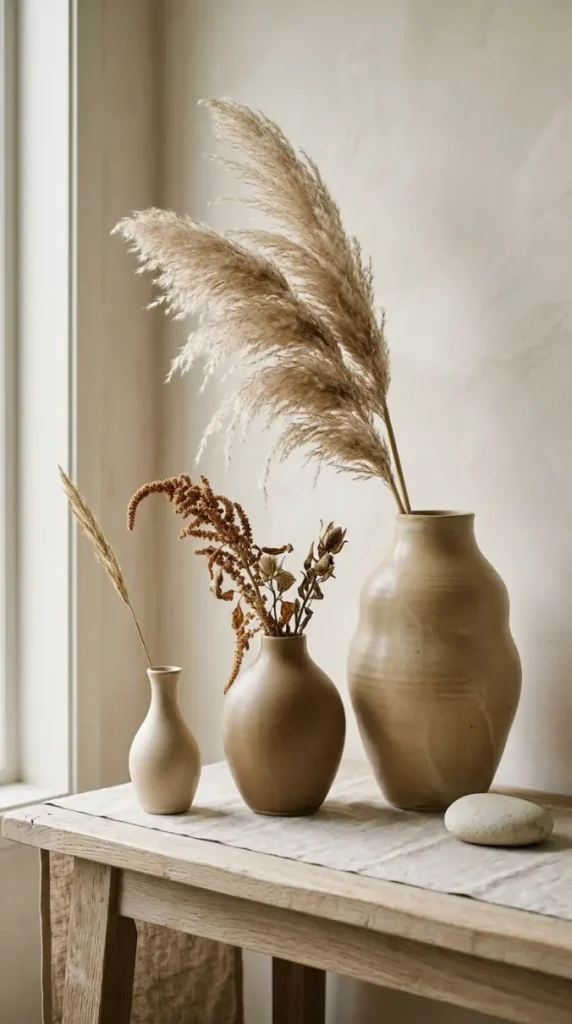 16 Console Table Styling Curved Soft Beige Rope Knot 2 2. Curved Organic Ceramic Vase in Warm Beige Glaze