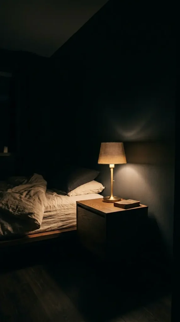 13 Minimalist Luxury Bedroom Dark Moody Charcoal Dramatic Calm 2 2. Dark Bedroom With a Single Warm Brass Bedside Lamp