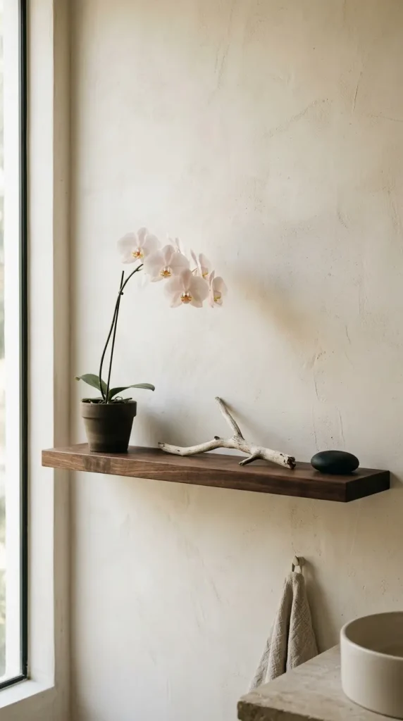 26 Bathroom Shelf Plants Decor Japandi Orchid Minimal 2 2. Dark Walnut Floating Shelf with Phalaenopsis and Dried Branch
