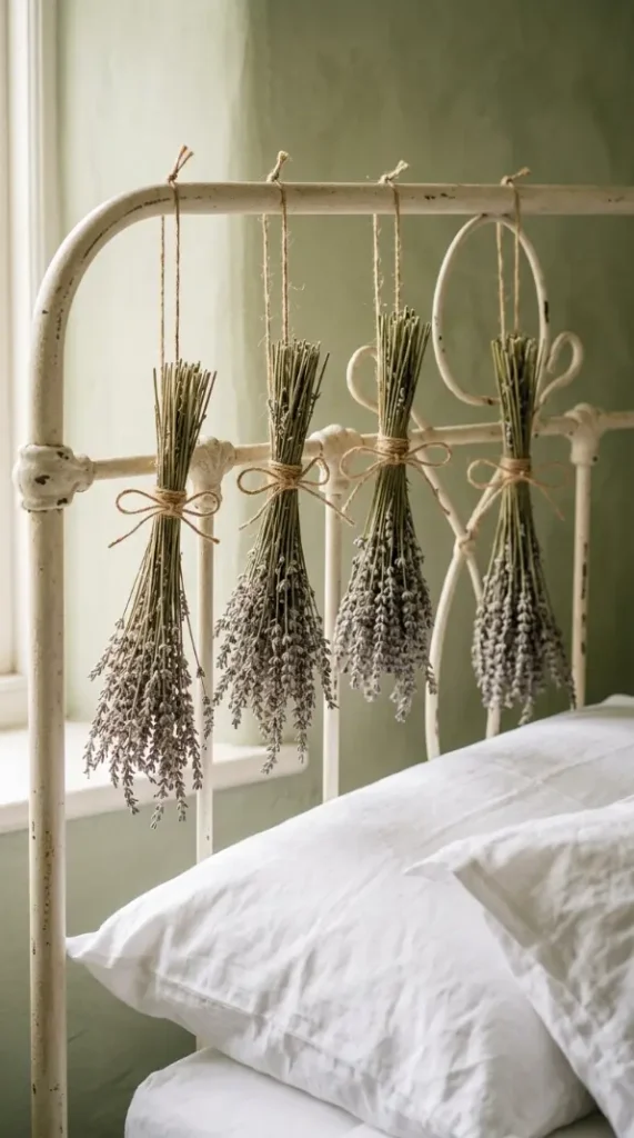 32 Cute Room Ideas for a Dreamy Cottagecore Bedroom 2 2. Dried Lavender Bundles Hanging from the Bed Frame