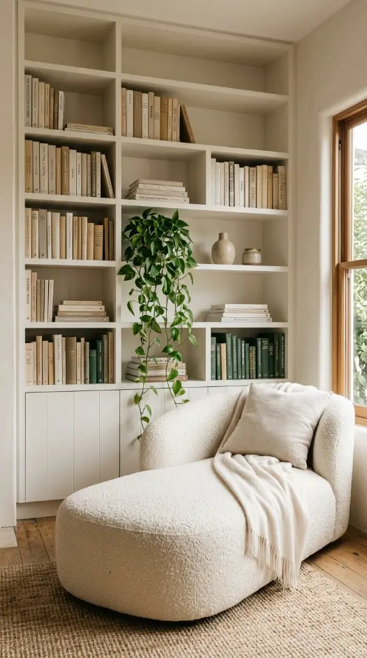 8 Chaise Lounge Reading Nook Bouclé Built-In Bookshelf Nook 2 2. Flank the Chaise With Floor to Ceiling Built In Bookshelves