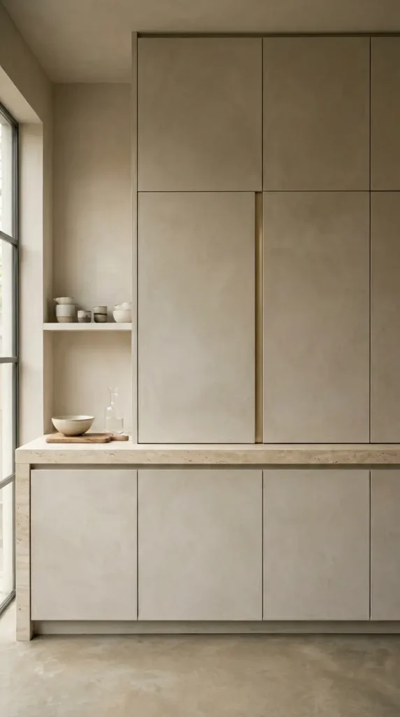 11 Minimalist Luxury Kitchen Quiet Luxury Greige Travertine Warm 2 2. Greige Plaster Cabinetry With Integrated Flush Pulls