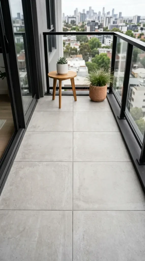 16 Minimal Outdoor Living Space Design for a Small Balcony 2 2. Large Format Concrete Tiles as the Minimal Floor