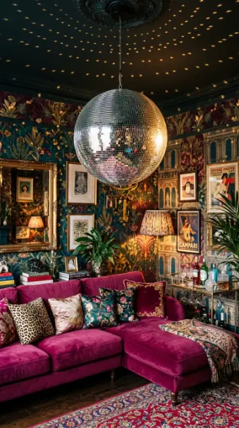 20 Bedazzled Mirror Disco Ball Living Room Maximalist Wall 2 2. Large Suspended Disco Ball Above a Velvet Sectional