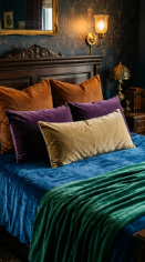 18 Bedroom Aesthetic Dark Moody Maximalist Jewel Tones 2 2. Layer Three Different Jewel-Tone Velvet Textures on the Bed