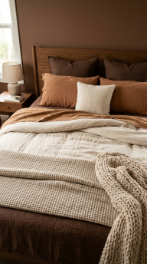 15 Bedroom Aesthetic Earthy Cocooning Cocoa Brown Warm 2 2. Layer the Bed in Cream, Caramel, and Deep Brown Linen