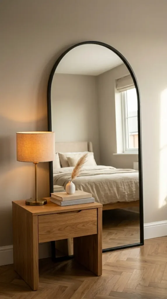 14 Big Mirror in Bedroom Leaning Arch Black Frame Greige 2 2. Leaning Arch Mirror Behind the Bedside Table Vignette