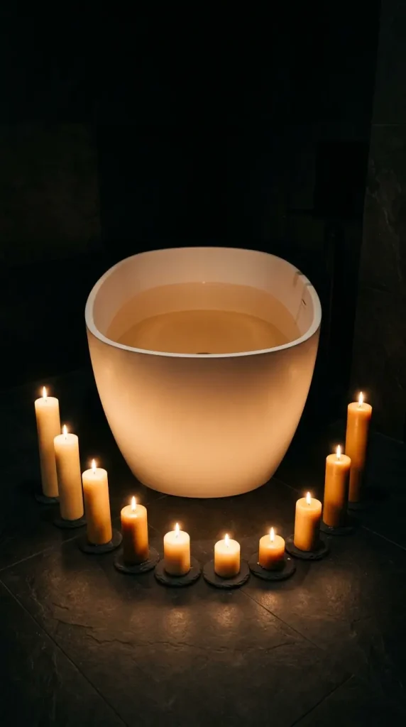 15 Bath Tub Decor Ideas Dark Moody Candlelit Night Soak 2 2. Line the Bathroom Floor Around the Tub With Multiple Pillar Candles