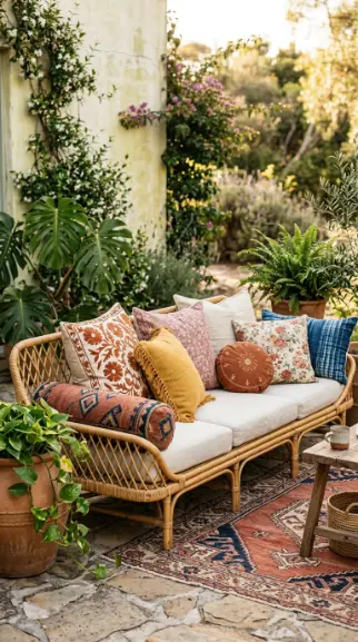 28 Outdoor Patio Ideas for a Boho Layered Living Room 2 2. Low Rattan Sofa With Mixed Boho Cushion Styling
