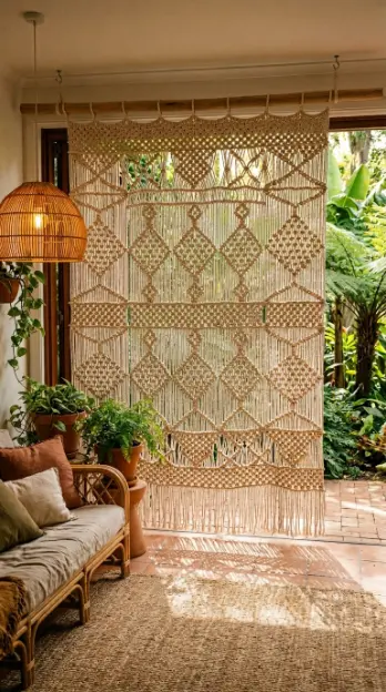 17 Indoor Outdoor Living Boho Macramé Jungle Garden View 2 2. Macramé Room Divider Between Interior and Garden Threshold