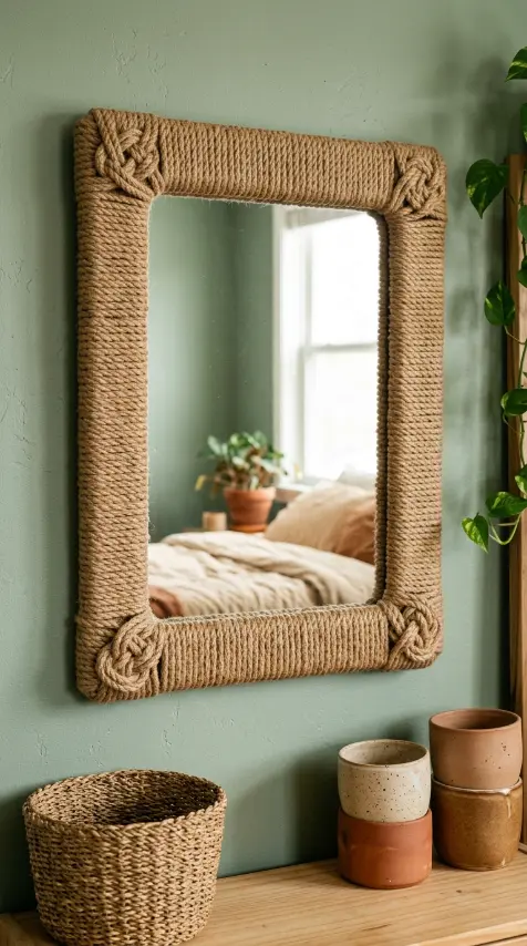 13 Decorated Mirror Boho Macrame DIY Bedroom Earthy Wall 2 2. Mirror Frame Wrapped Entirely in Chunky Macrame Rope