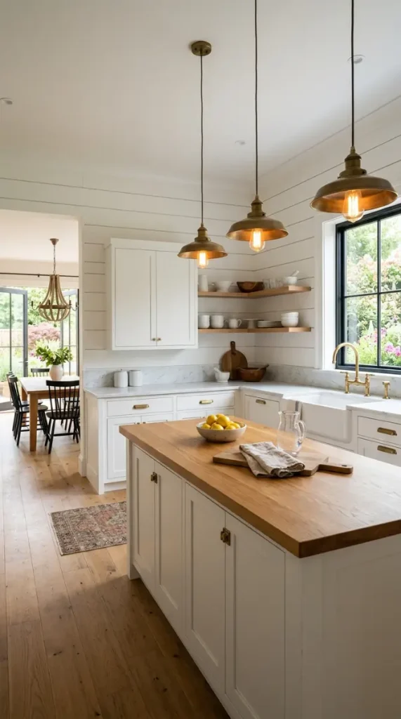 30 Modern Farmhouse Interior Design Seamless Floor Open Plan 2 2. Modern Farmhouse Kitchen — White Shiplap Walls and Oak Island