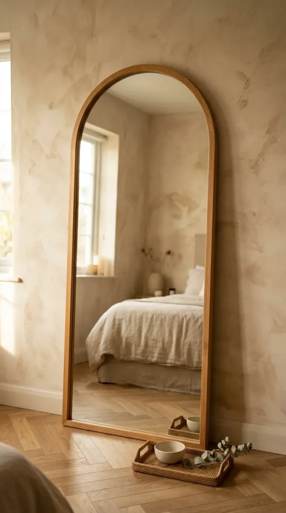 17 Big Mirror in Bedroom Oversized Oak Arch Warm Neutral 2 2. Oak Arch Mirror Leaned Against a Limewash Warm Neutral Wall