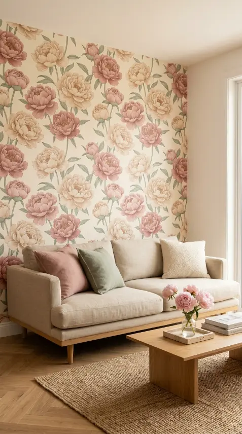 15 Vibrant Floral Wallpaper Accent Wall Room Decor 2 2. Oversized Blush Peony Floral Accent Wall in the Living Room