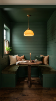 13 DIY Breakfast Nook Dark Green Shiplap Moody Corner 2 2. Paint Every Surface the Same Deep Forest Green for Full Immersion