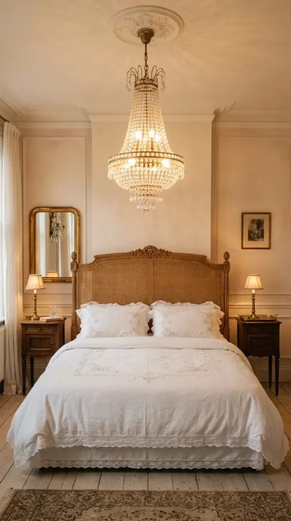 14 Vintage Bedroom Ideas Cane Rattan European Elegant 2 2. Pair a Cane Headboard With a Crystal Chandelier for European Glamour