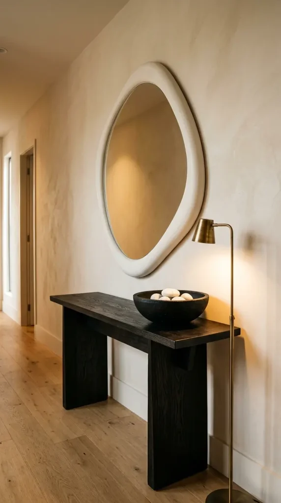 14 Hallway Mirror Ideas Organic Puddle Mirror Console 2 2. Pair the Organic Puddle Mirror With a Dark Sculptural Console