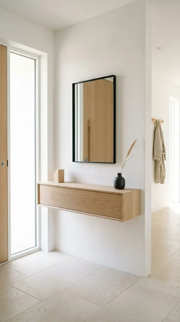 31 Entryway Console Table Ideas Modern Minimal Floating 2 2. Pale White Oak Floating Console in a Light-Filled Entry