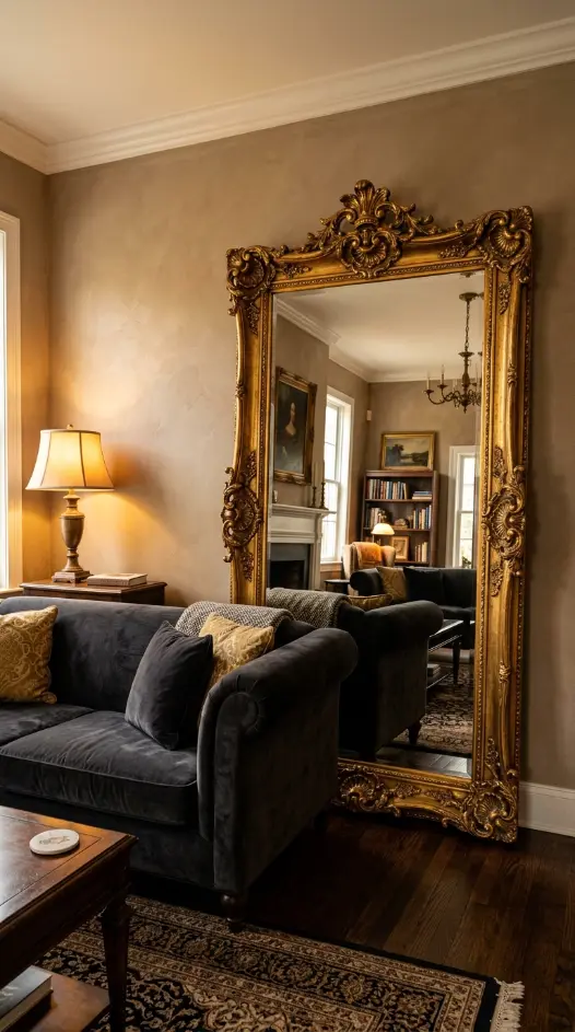 22 Full Length Mirror Living Room Baroque Gold Dramatic 2 2. Place It Beside a Dark Sofa for Maximum Gold Against Dark Contrast