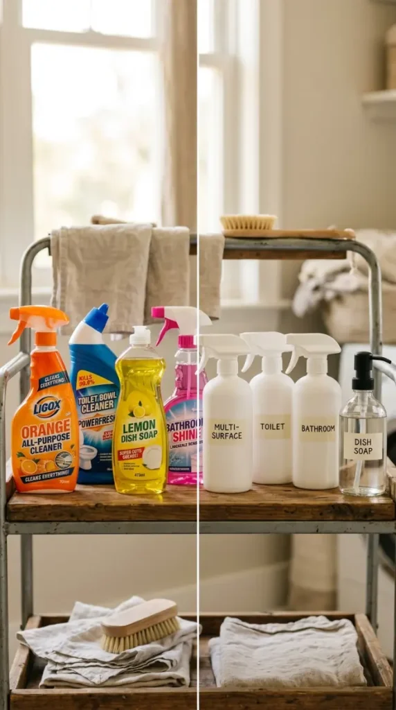 27 Cleaning Closet Organization Tiered Rolling Cart Ideas 2 2. Product Decanting — Transferring Cleaning Supplies to Uniform Containers