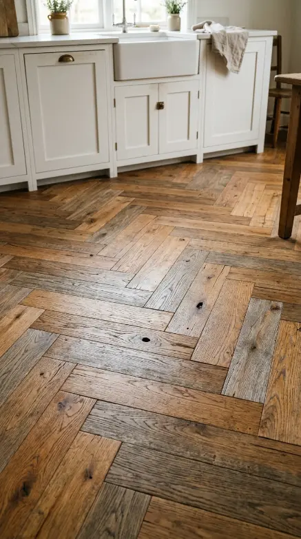 25 Kitchen Flooring Ideas for Farmhouse Herringbone Reclaimed 2 2. Reclaimed Herringbone with Natural Wax Finish
