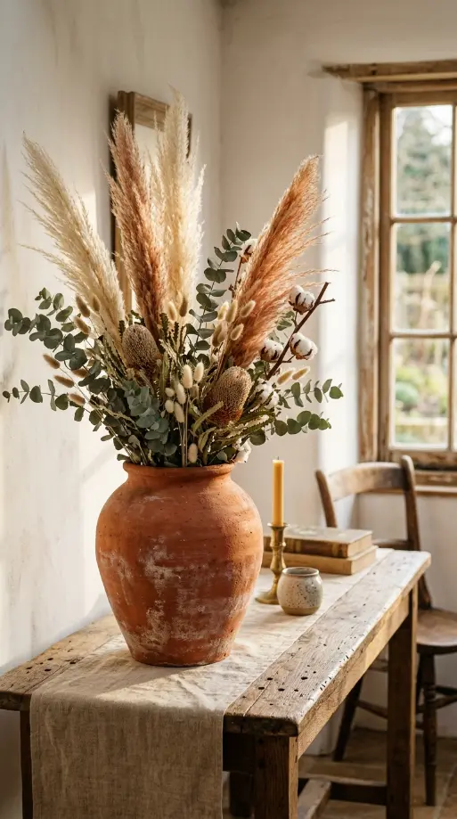 26 Console Table Styling Reclaimed Wood Rustic Farmhouse 2 2. Reclaimed Wood Console With Large Terracotta Pot and Dried Botanicals
