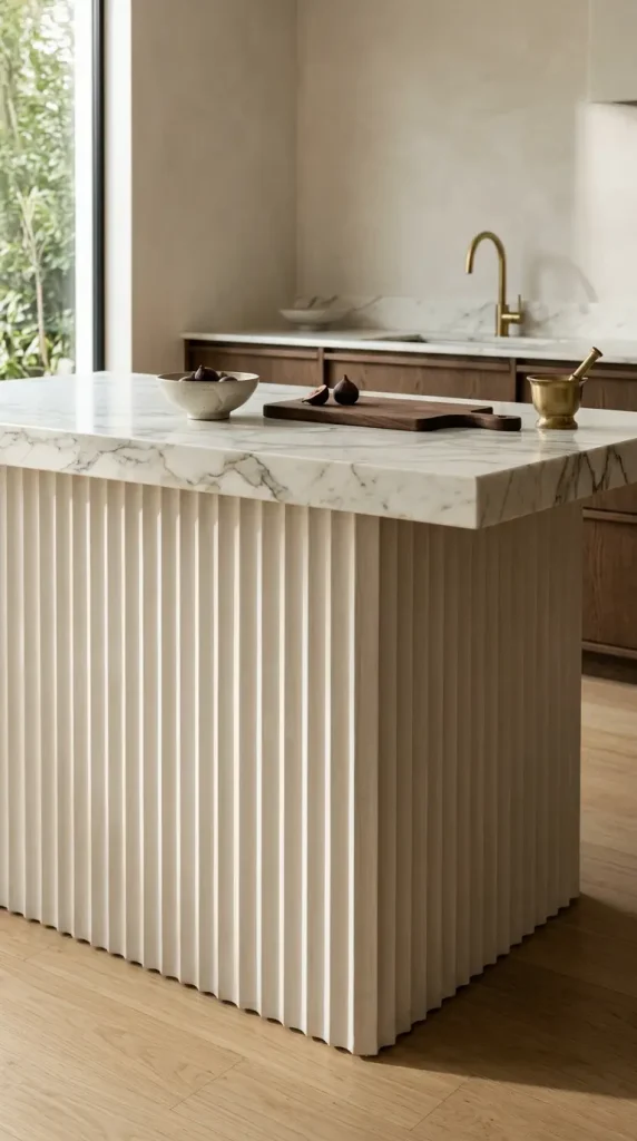 16 Minimalist Luxury Kitchen Sculptural Island Calacatta Stone Brass 2 2. Sculptural Island Base in Warm Fluted Plaster