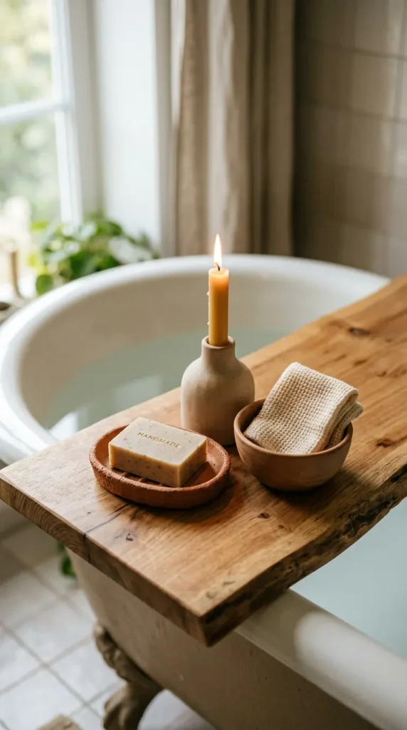 10 Bathtub Tray Ideas Boho Rattan Warm Earthy Style 2 2. Style the Tray With a Cluster of Terracotta and Raw Clay Vessels