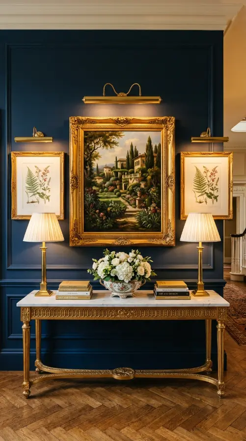 18 Console Table Decor Maximalist Gallery Wall Picture Lights 2 2. Symmetrical Console with Twin Brass Picture Lights