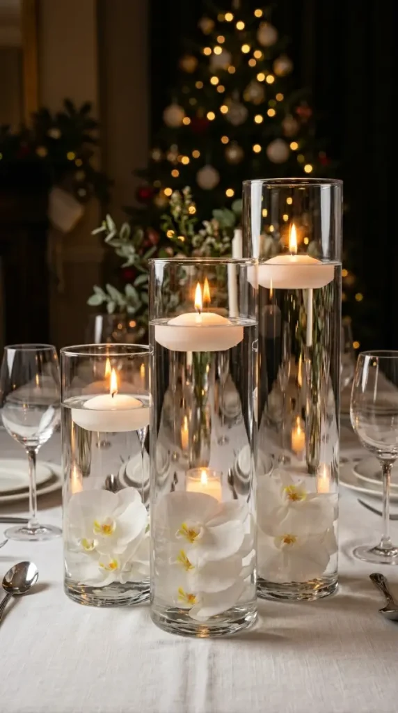 13 Festive Table Decorations Candles Floating Glass Ethereal 2 2. Tall Cylinder Vases With Submerged White Orchid Petals and Floating Candles