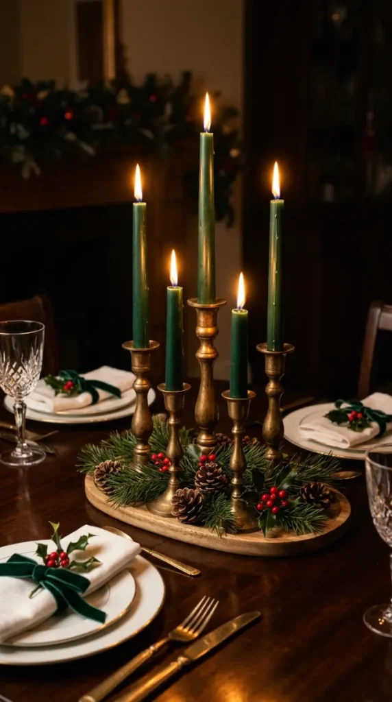 13 Festive Table Decorations Candles Classic Christmas Green 2 2. Tall Taper Candles in Aged Brass Candlesticks With Pine and Berry Clusters