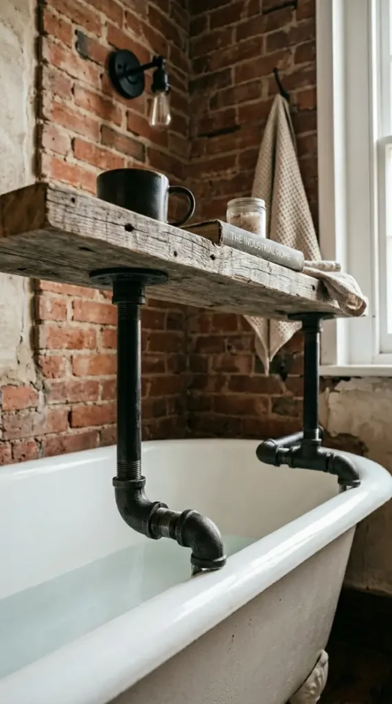 24 Rustic Bathtub Tray Ideas with Reclaimed Farmhouse Wood 2 2. The Black Iron Pipe Leg Tray — Industrial Farmhouse Hybrid