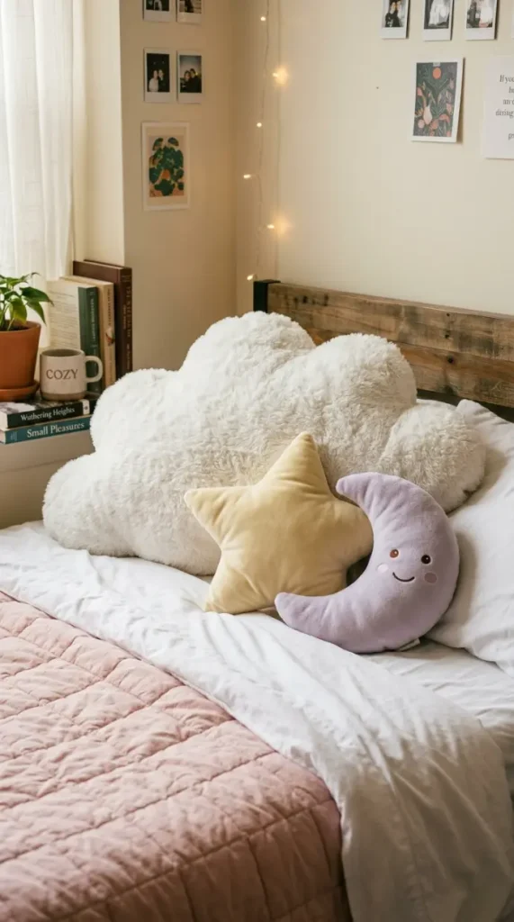 24 College Bedroom Ideas Pastel Girly Aesthetic Dreamy Style 2 2. The Cloud-Shaped Pillow and Plushie Collection — Whimsical Soft Sculpture