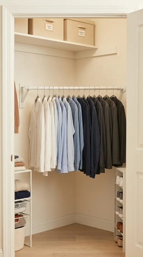 26 Smart Storage Closet Ideas Corner Diagonal Closet 2 2. The Diagonal Hanging Rod — Maximum Width Installation
