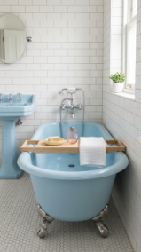 24 Small Bathroom Decor with Bathtub Caddies Vintage Pastel 2 2. The Powder Blue Clawfoot Mini Tub — Small-Scale Vintage Statement