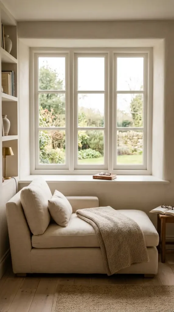 13 Chaise Lounge Reading Nook Cream Linen Window Quiet Luxury 2 2. The Window Above — Wide Sill White Frame Soft Light