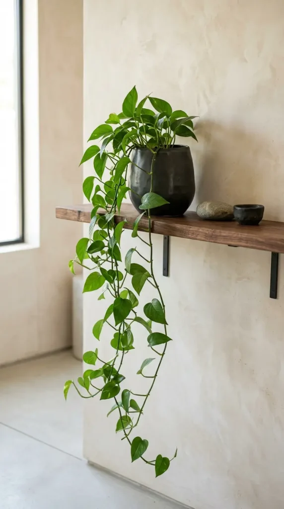 24 Modern Bathroom Plant Aesthetic Japandi Bonsai Minimal 2 2. Trailing Pothos in a Dark Ceramic Vessel on a Bathroom Shelf