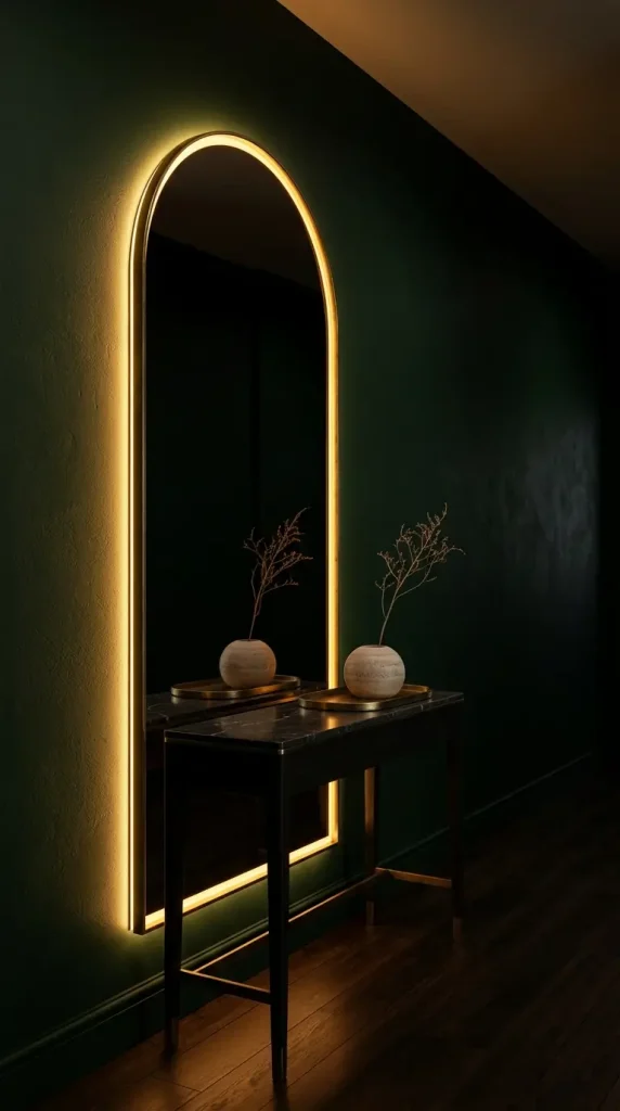 12 Hallway Mirror Ideas Arch LED Backlit Dark Luxury 2 2. Use Warm Amber LED Backlighting for a Richer Dark Hallway Atmosphere