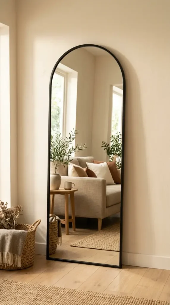 25 Full Length Mirror Living Room Slim Black Frame Minimal 2 2. Use an Arched Slim Black Frame Mirror for a Softer Minimal Look