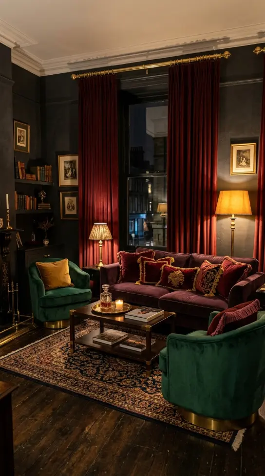 20 Vintage Home Aesthetic Glamouratti Moody Apartment 2 2. Velvet Everywhere — Sofa Armchairs Cushions Curtains