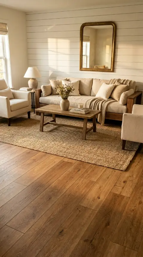25 Affordable Farmhouse Flooring Ideas Budget Laminate Wood 2 2. Warm Honey-Brown Laminate in a Farmhouse Living Room