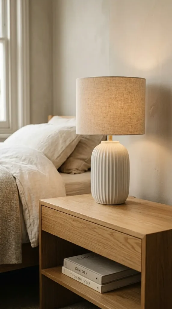 16 Minimalist Luxury Bedroom Quiet Luxury Linen Neutral Warm 2 2. Warm Oak Nightstand With a Single Fluted Ceramic Lamp