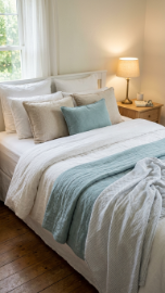 17 Bedroom Aesthetic Coastal Grandmother Sea Glass Blue 2 2. Washed Linen Bedding in Layered Sea Glass and White