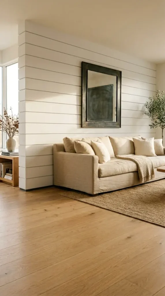 16 Modern Farmhouse Interior Design Seamless White Oak Floor 2 2. White Shiplap Feature Wall Over White Oak Floor