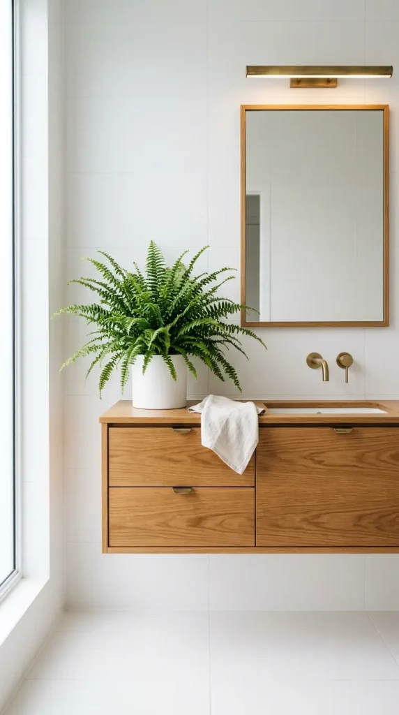 28 Minimal Bathroom Plants Decor Inspiration Oak White Style 2 2. White Tile Bathroom with Oak Vanity and Fern