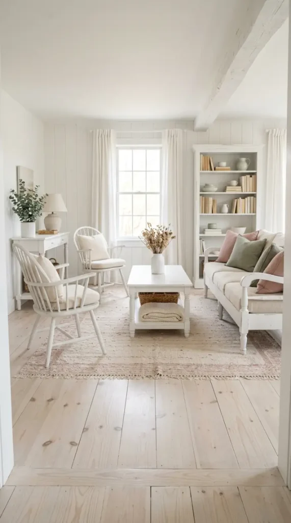 27 Light Wood Flooring for Farmhouse Whitewashed Pine Style 2 2. Whitewashed Pine Floor — Farmhouse Living Room with White Painted Furniture