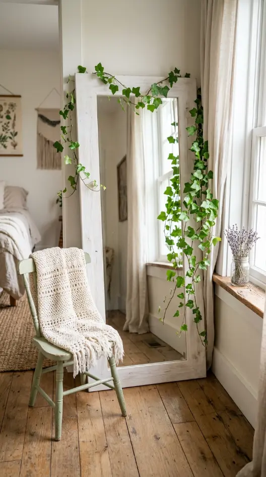 12 Floor Mirror Bedroom Cottagecore Wooden Morning Light 2 2. Whitewashed Wood Mirror With Trailing Ivy Wrapped Around the Frame